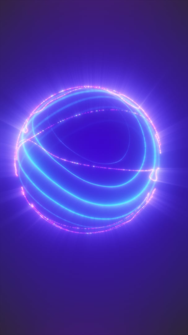Vibrant glowing energy sphere with blue and pink light trails.