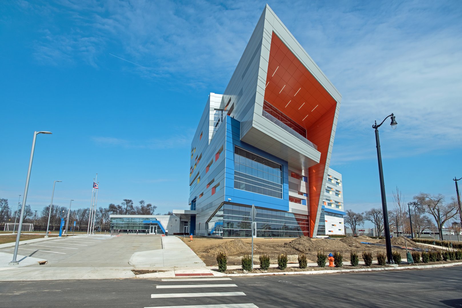 Dayton, Ohio, USA - February 25, 2024: Construction of The Greater Dayton School, a $50M private school for low-income children, financed by Connor Group - Kids & Community Partners, in final stage in Deeds Point Metro Park.