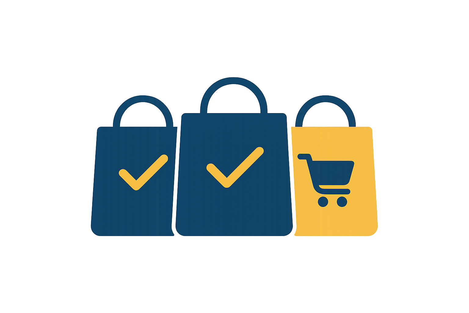 Stylized shopping bags with check marks and a cart icon, one highlighted, on a dark background.