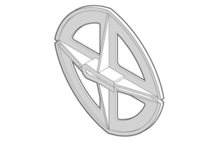 3D illustration of a circular vent cover with a cross design and four triangular openings.