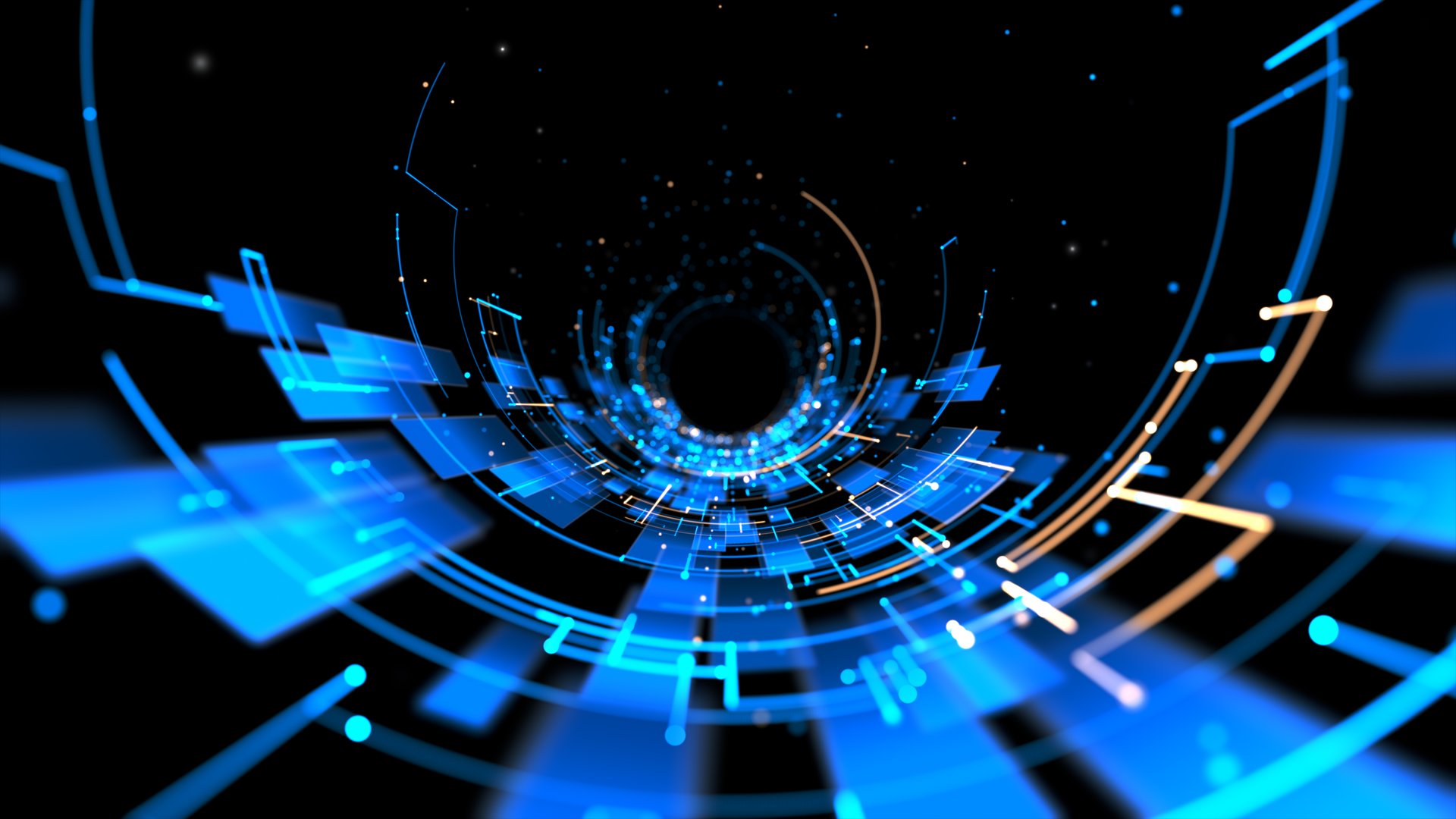 Abstract glowing blue tech tunnel with digital lines and floating data elements, perfect for technology, cyber, or futuristic concepts. Technology abstract background 3D Rendering