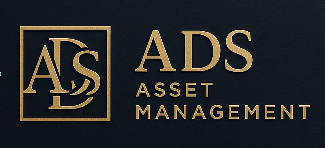 Gold text logo reading "ADS Asset Management" on a dark background, featuring a stylized "ADS" monogram design.