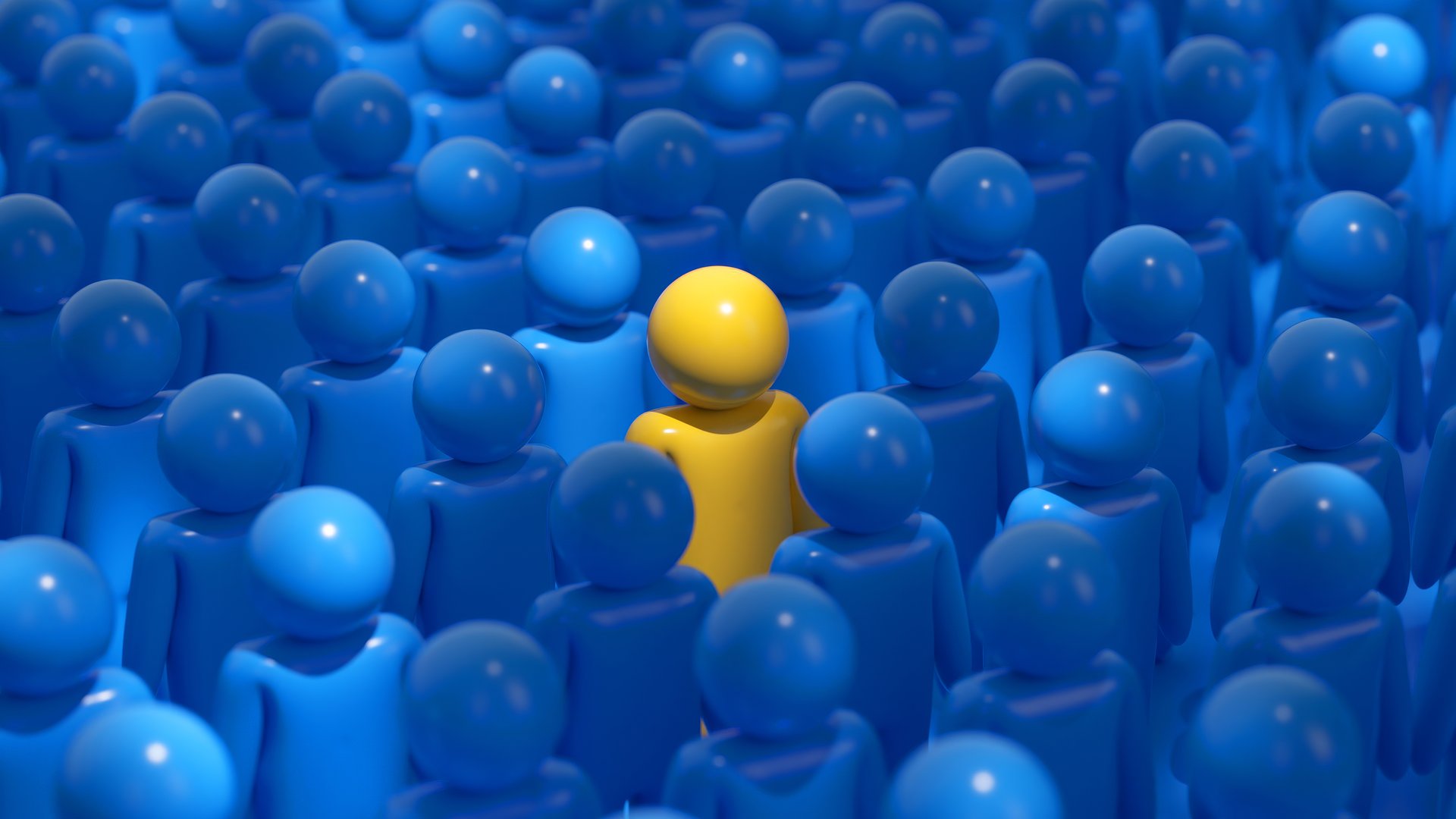 3d illustration of a yellow character standing out from a crowd of many blue characters, a visual metaphor about diversity and inclusion