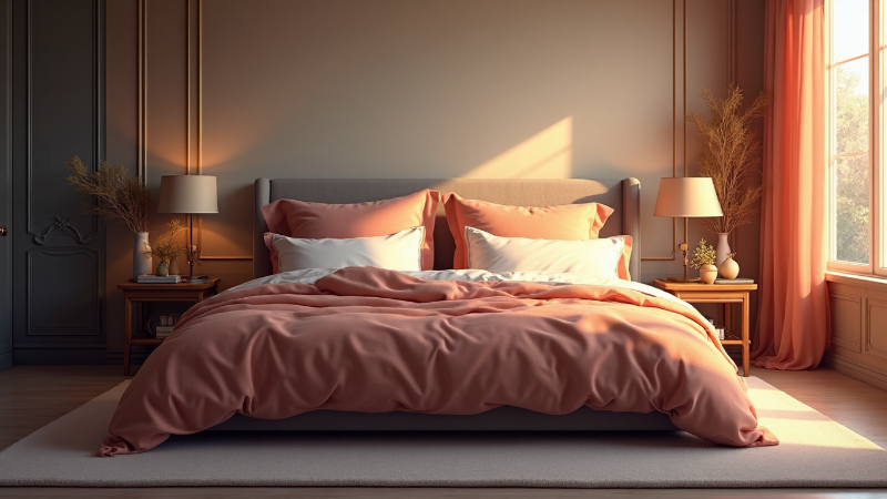 Minimalist bedroom with abstract mock up artwork, neutral bedding, and layered textiles in soft daylight. Stylish home decor.