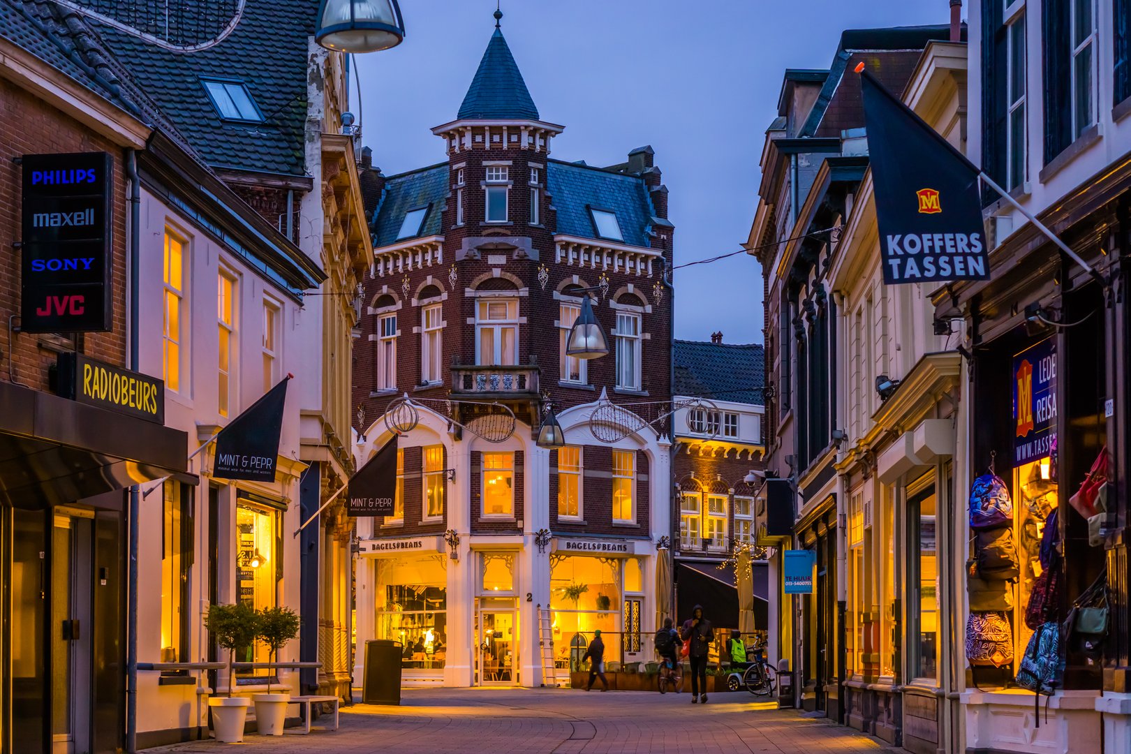 Lighted city street in tilburg outdoor shopping center, illuminated architecture in the evening, Tilburg, The Netherlands, 10 December, 2019