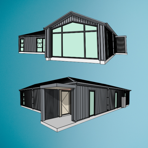 Illustration of a modern, black cladded cabin with large windows, shown from two angles against a blue background.
