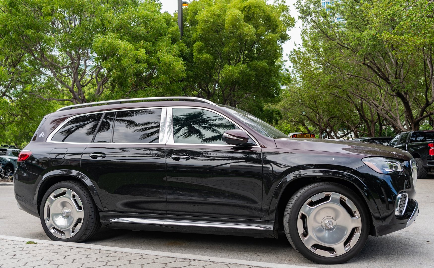 Miami, Florida, USA - July 13, 2025: Luxury SUV Mercedes Benz Maybach GLS. Car Mercedes Benz Maybach GLS parked outdoor. Black car, corner view. Mercedes Benz Maybach GLS luxury SUV car.
