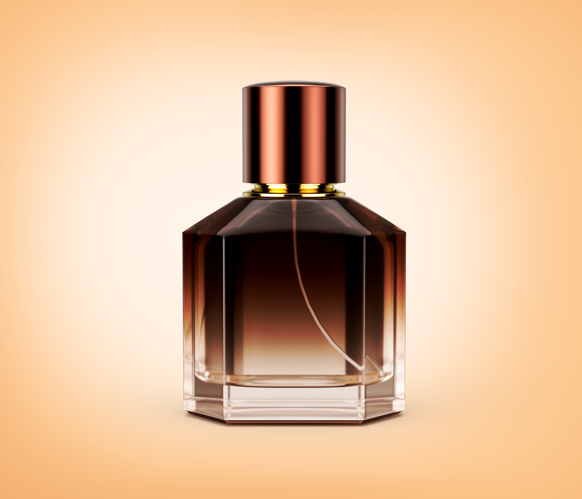 Amber Toned Perfume Bottle With A Gleaming Copper Cap On Soft Yellow Background 3D Illustration
