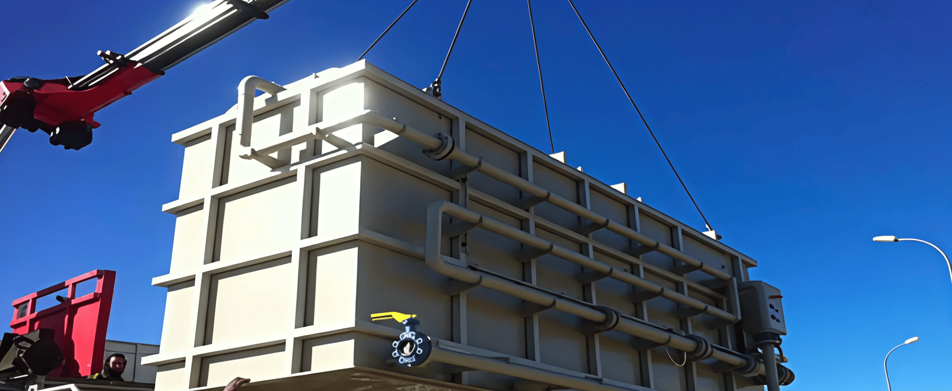Large industrial tank being lifted by crane against a clear blue sky, featuring pipes and valves, with a red crane arm visible.