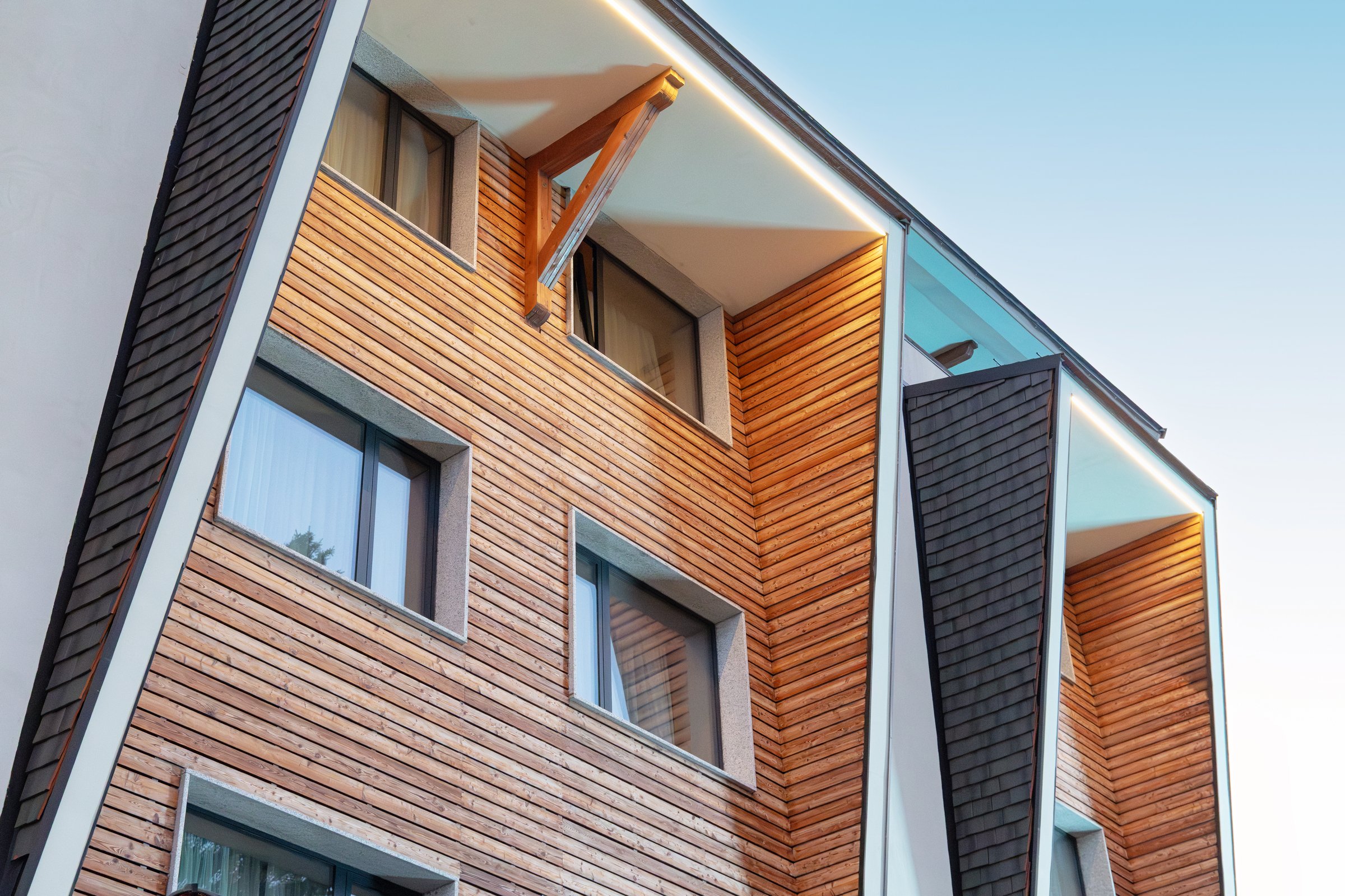 Contemporary luxury home with wood cladding and LED lights