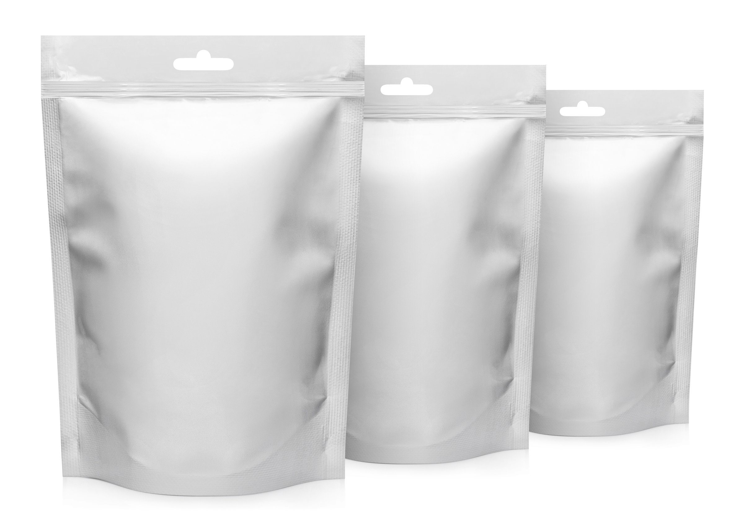 Group of three doypacks, isolated on white background