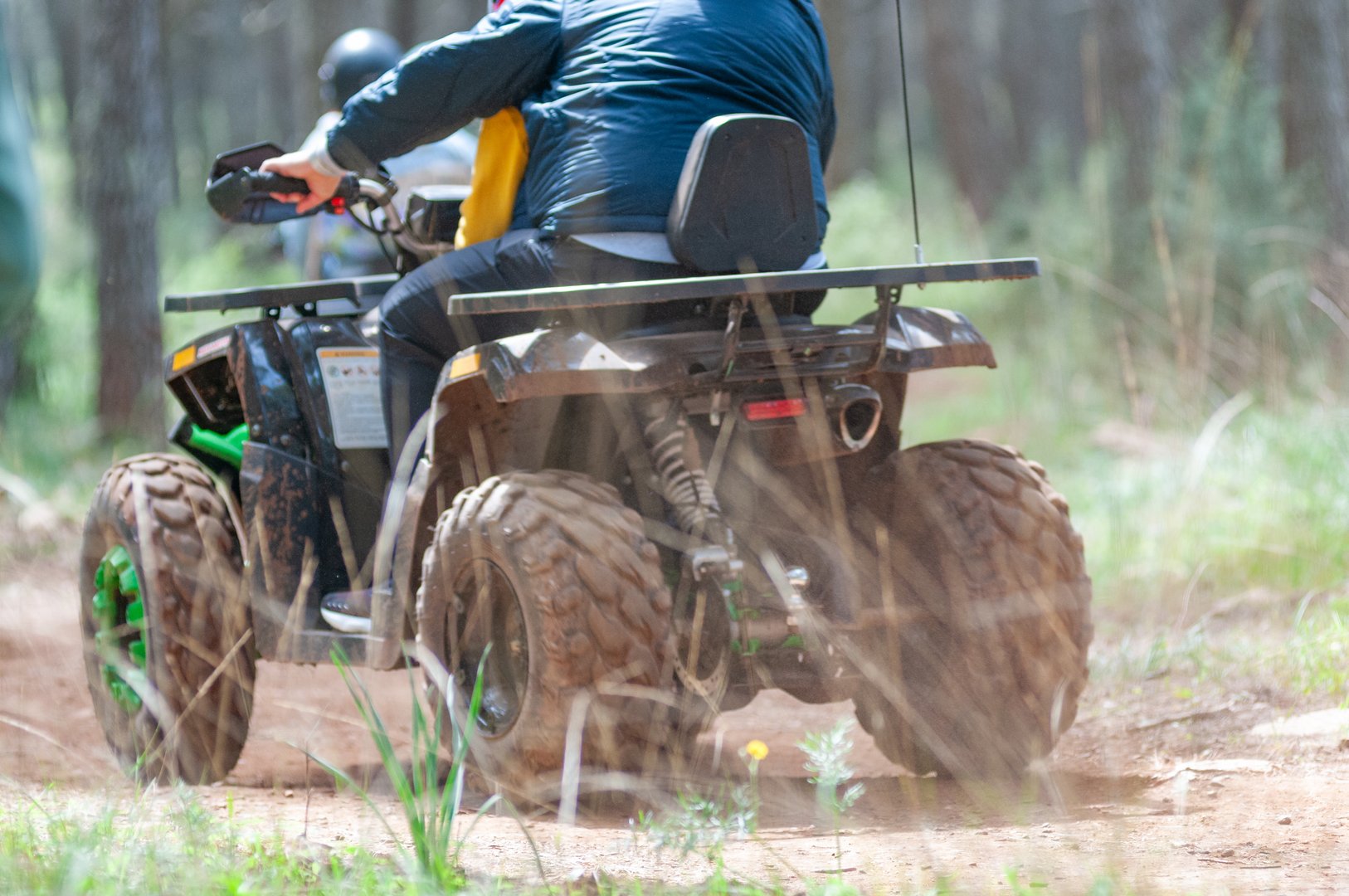 Children Riding Quad In The Forest On Holyday Period  On Blurred Background