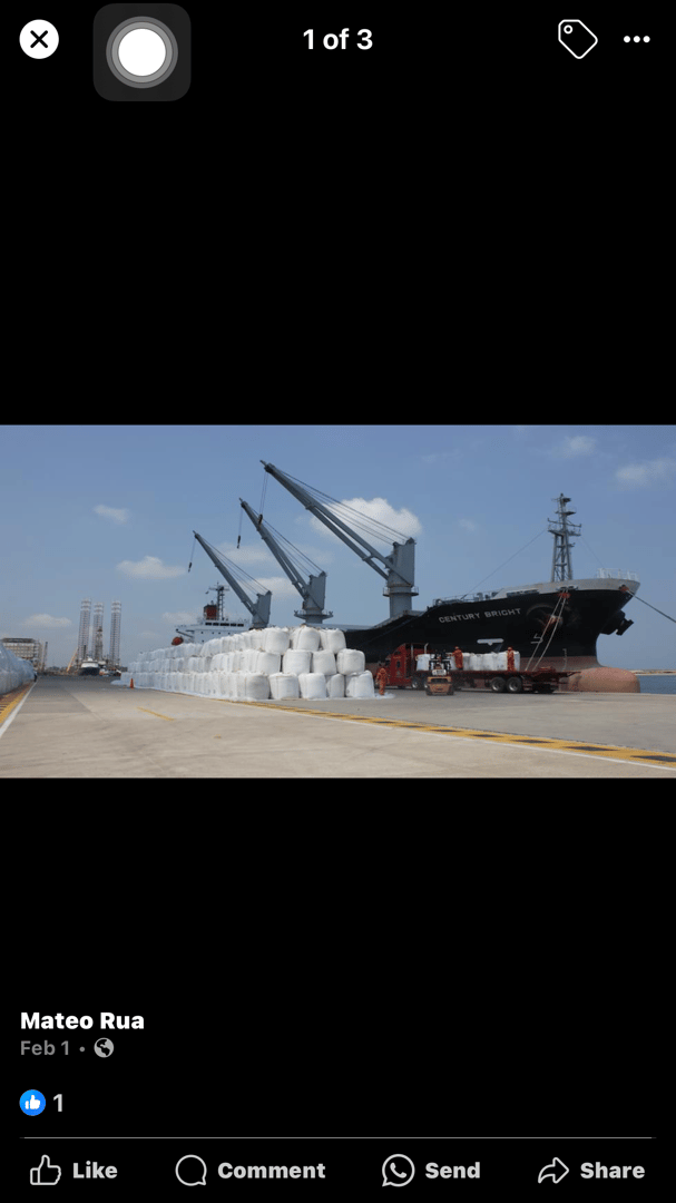 Cargo ship docked at a port with large stacked bales being unloaded by cranes on a clear day.
