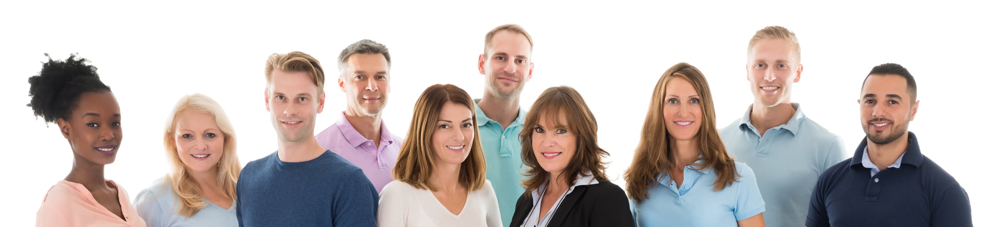 Group portrait of creative business people standing together over white background