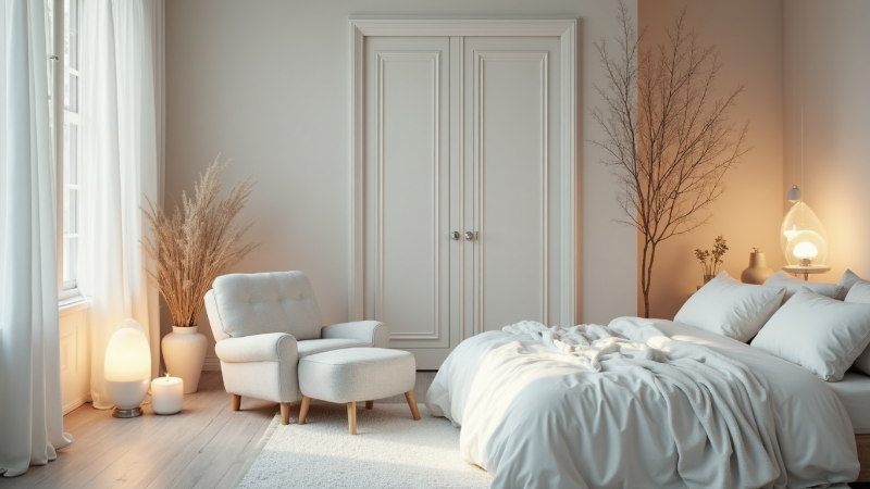 The interior design of a minimalist white bedroom features a winter snow view through the window and a minimalist wooden bed with white bedsheets. 3d render, 3d illustration