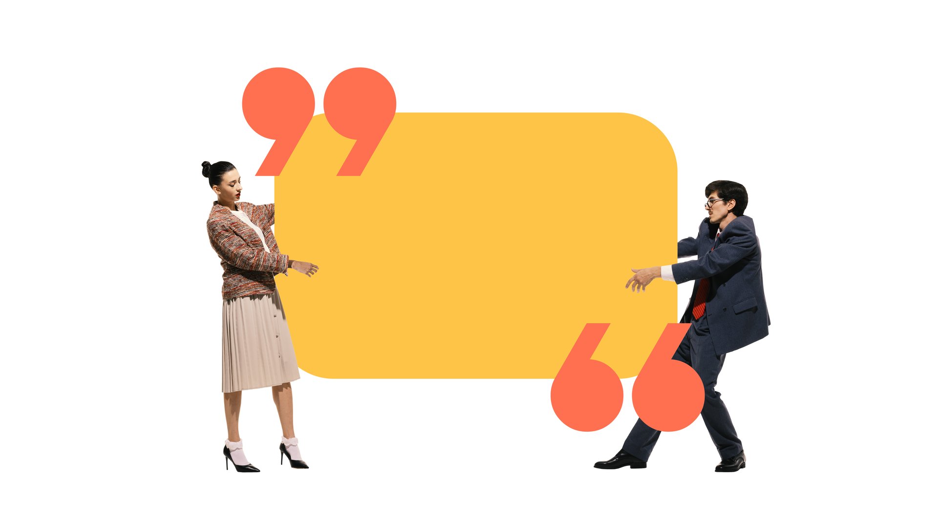 Man and woman holding quote bubble. Collaborative testimonial shaped by user opinions and mutual experience. Concept of partnership, credibility, brand voice, customer satisfaction, business