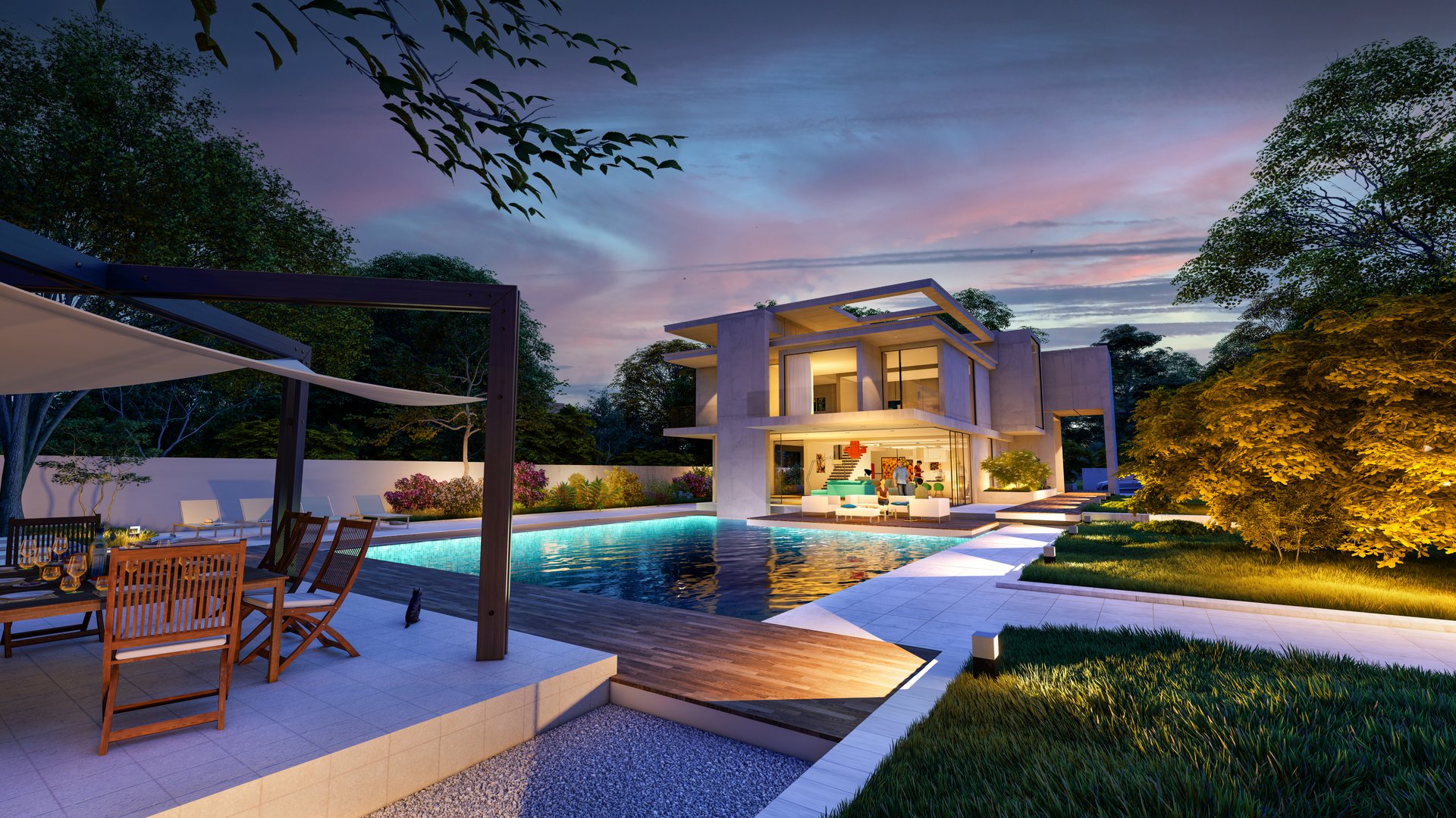 3D rendering of an impressive contemporary villa with garden and pool at dusk