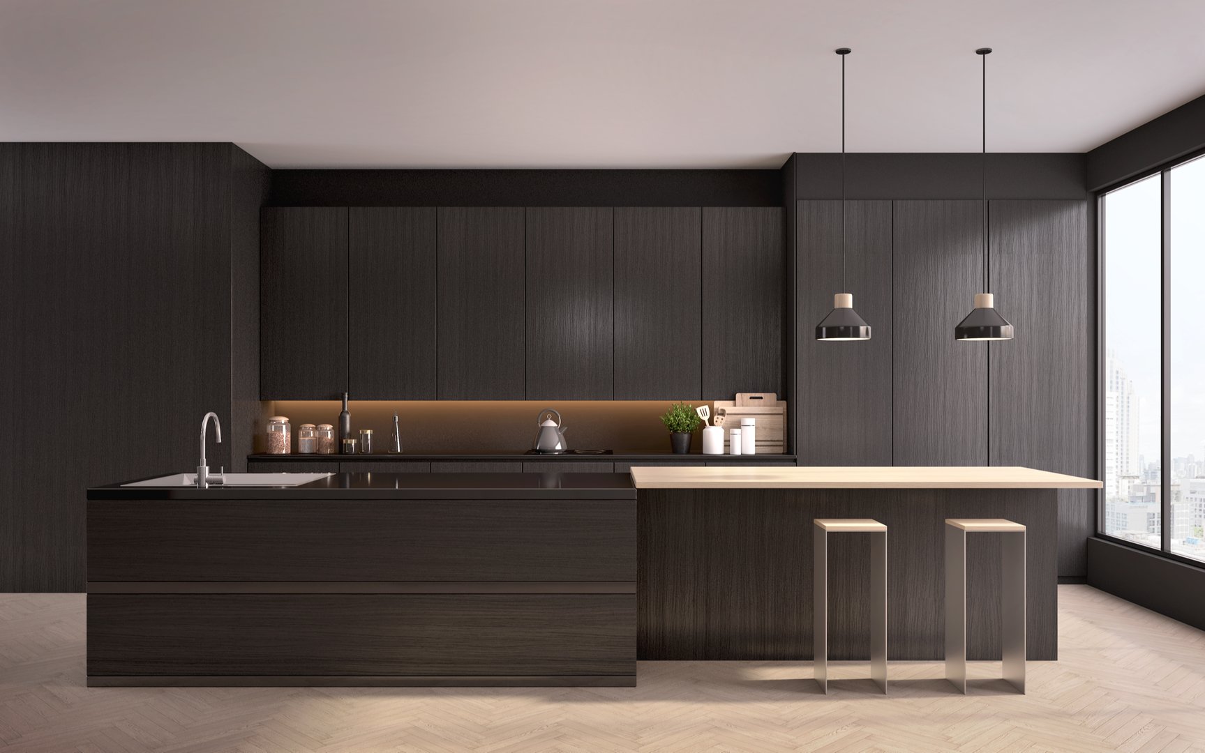 Modern minimalist kitchen featuring sleek black cabinets, wooden floors, contemporary bar stools, and clean countertops showcasing professional kitchen renovation design