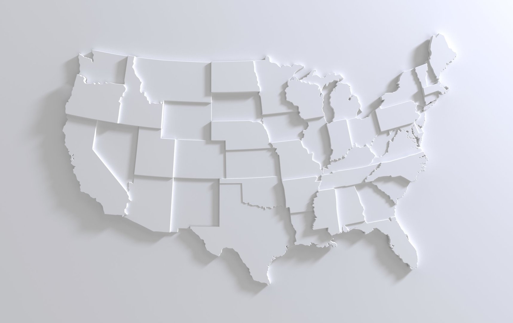 United States Of America map on white background. Tiered 3d render of empty USA territory. Country poster for travel materials, print, banner and web. Geographic area levels visualization.