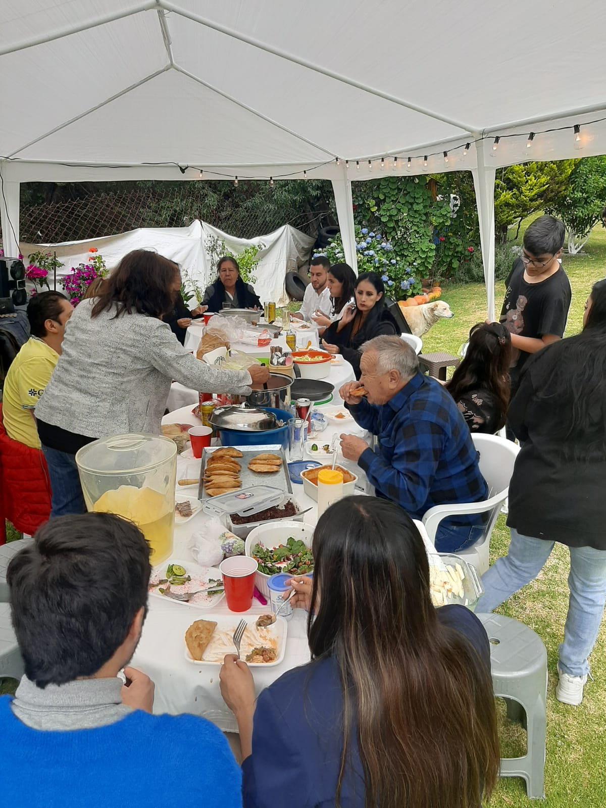 A group of people enjoying a meal together under a white canopy in a garden setting.