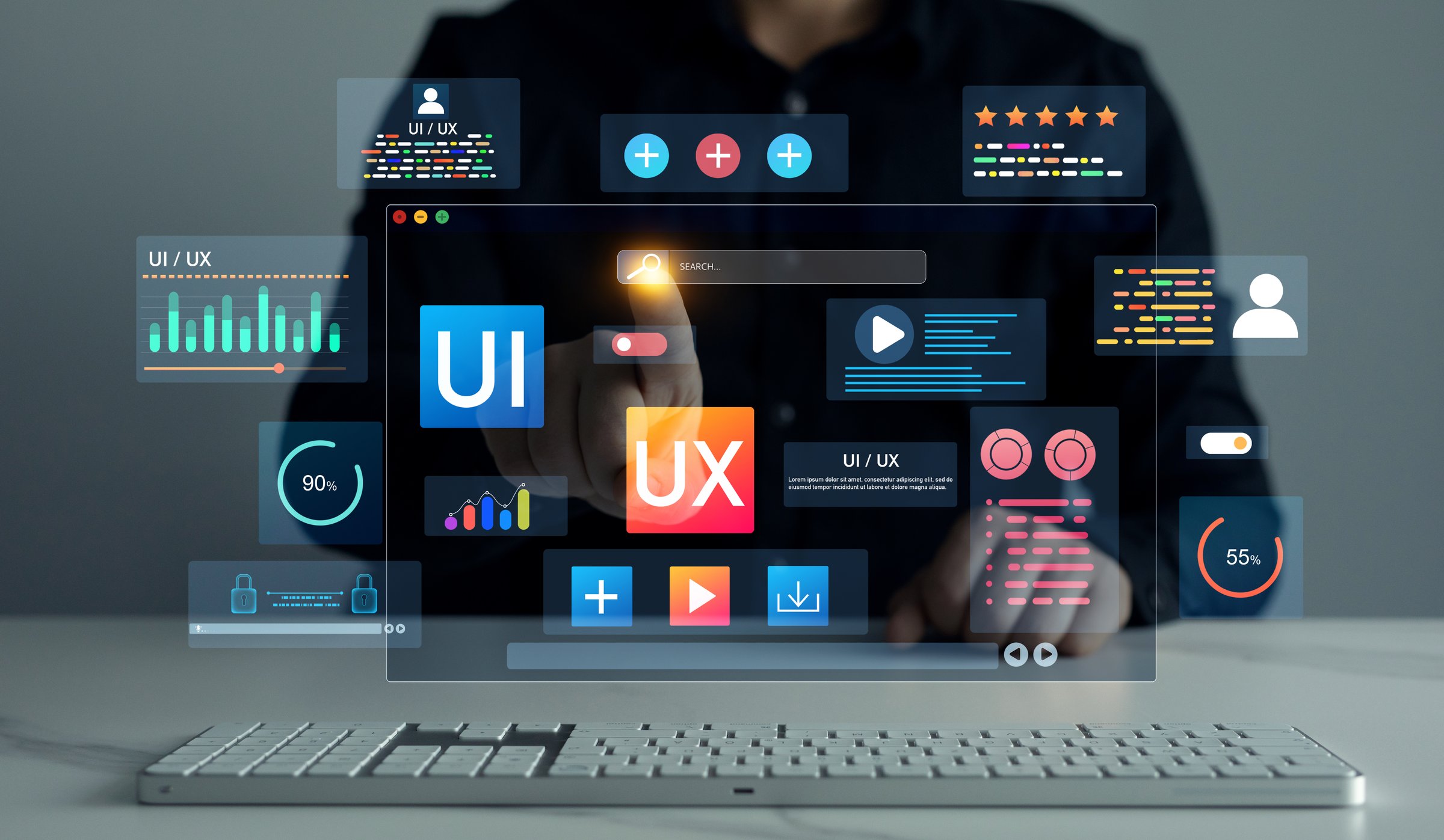 Web design, application design,coding develop.UX-UI design web and user design development.Holographic UI-UX, display icons of UX-UI designer, creative planning, data visualization.