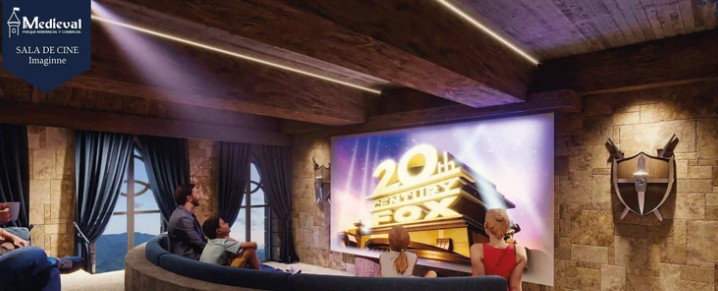 A cozy home theater with people watching a 20th Century Fox movie. The room has rustic decor and dim lighting.