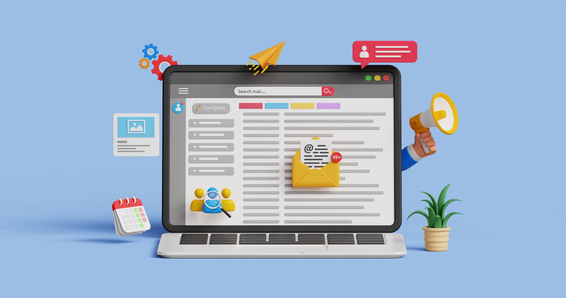 Email marketing, email automation, marketing automation. Customer engagement, retention, loyalty. Business e-mail communication and digital marketing. 3D laptop with emails inbox and marketing icons