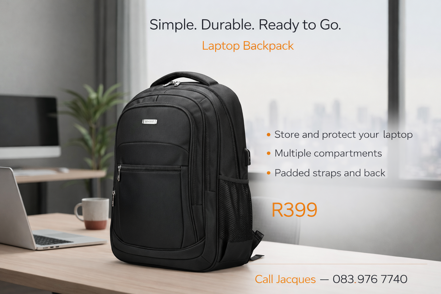 Laptop Backpack with USB Charging Port - R399