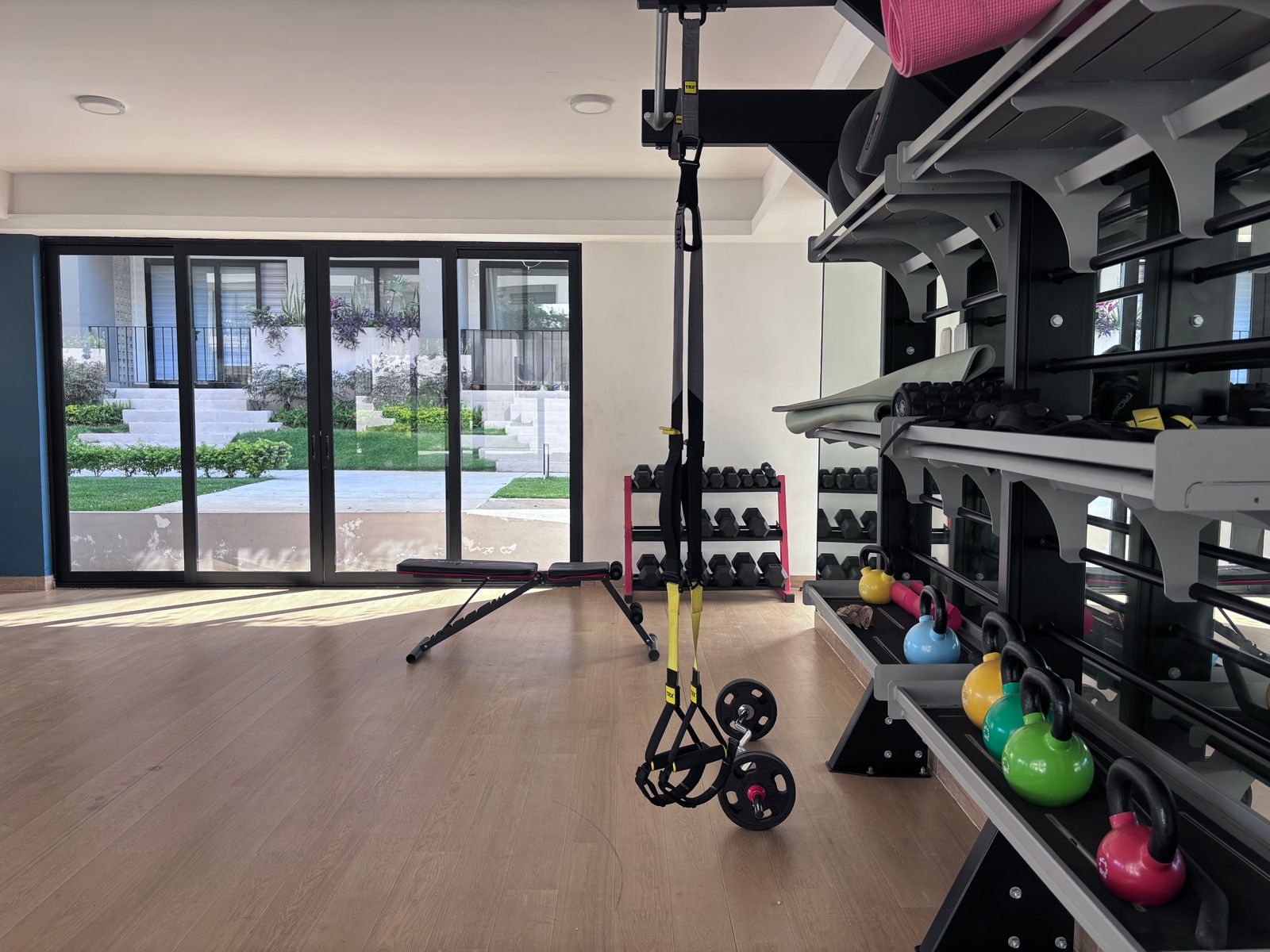Modern gym with kettlebells, dumbbells, TRX suspension trainer, bench, and large windows overlooking greenery.