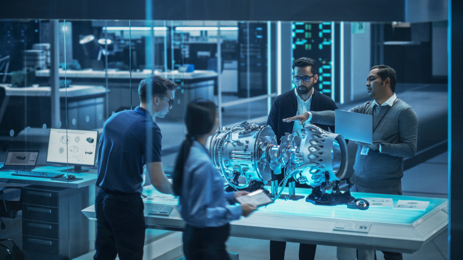 Young Team of Engineers, Project Manager and Machinery Operators Collaborate on a New Type of a Gas Turbine Engine, Standing with Tablet and Laptop Computers in Scientific Technology Lab. High Angle.