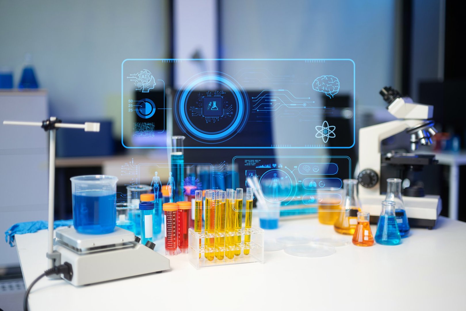 Medical technology, doctor use AI robots for diagnosis and increasing accuracy patient treatment in future. doctor hand working with tablet, computer with his team Medical research to improve patient