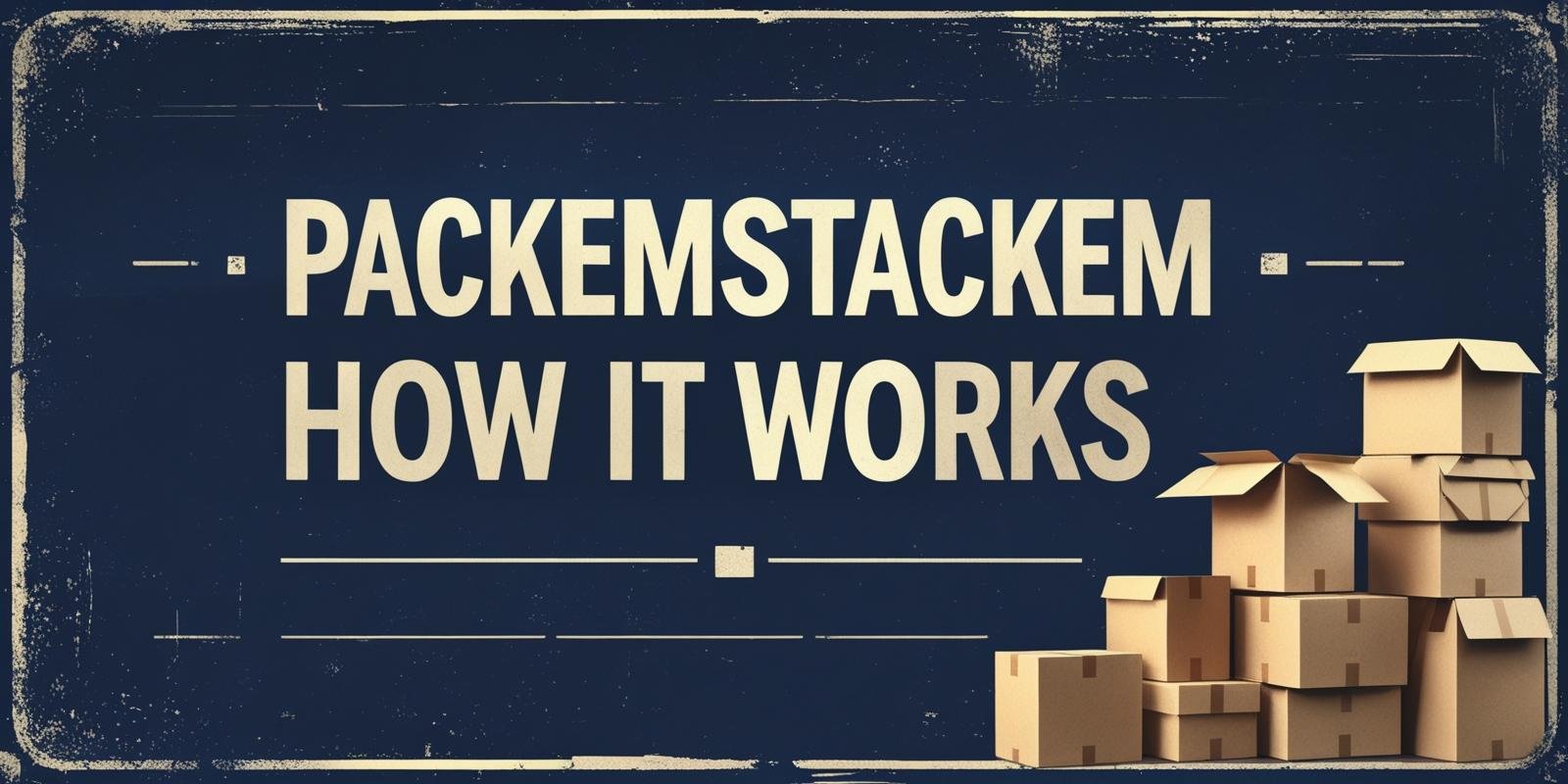 PackEmStackEm - How It Works sign with dark blue background and packing boxes