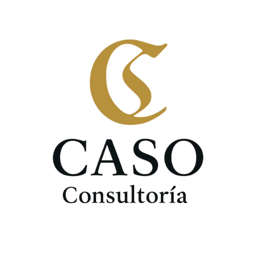 Logo with a stylized letter C in gold above the words CASO Consultoría.