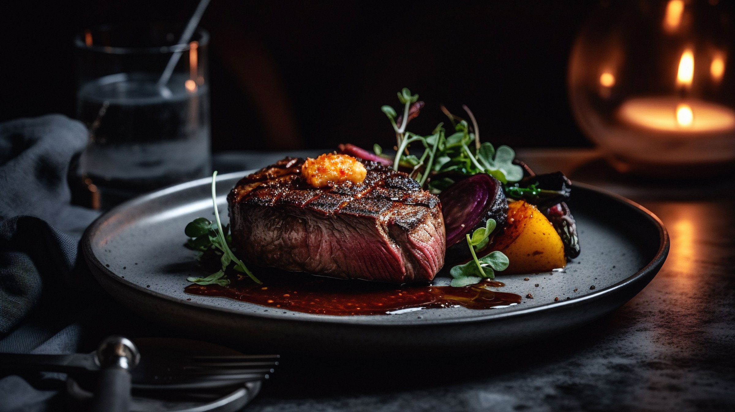 A delicious steak served on a plate, seasoned with a savory sauce and garnished with vegetables