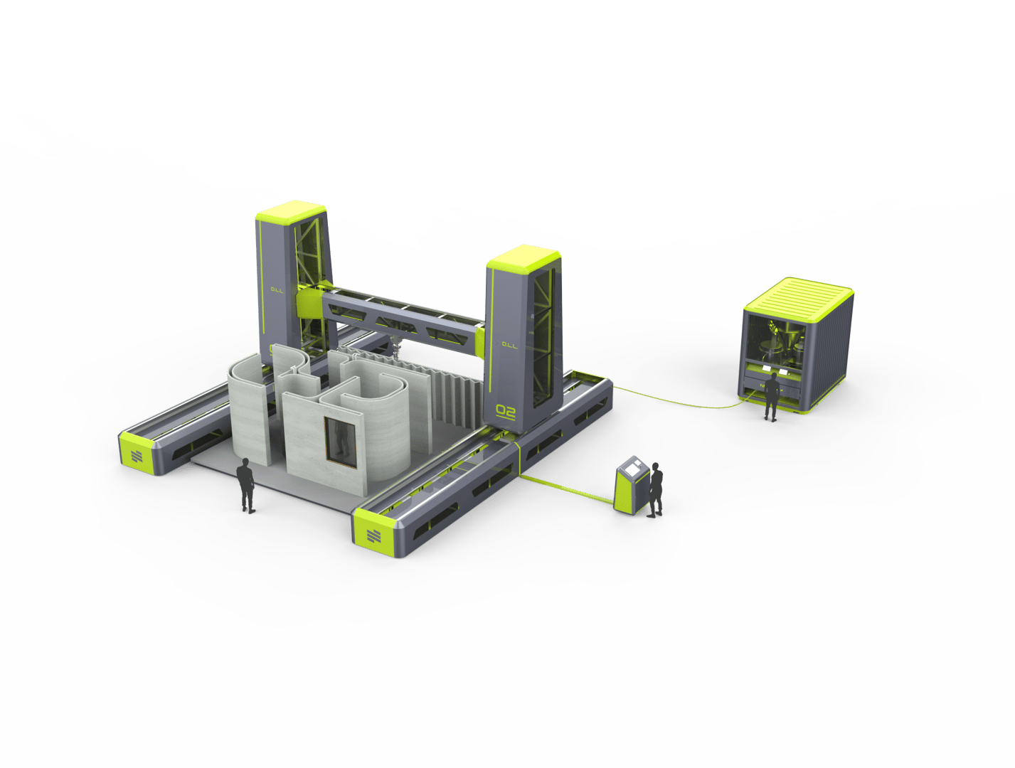 A 3D model of a large, automated construction machine building a structure with multiple walls, monitored by workers.