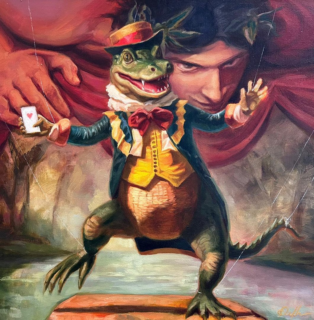 A crocodile in a suit and hat holds a card, performing theatrically, with a dramatic human figure in the background.