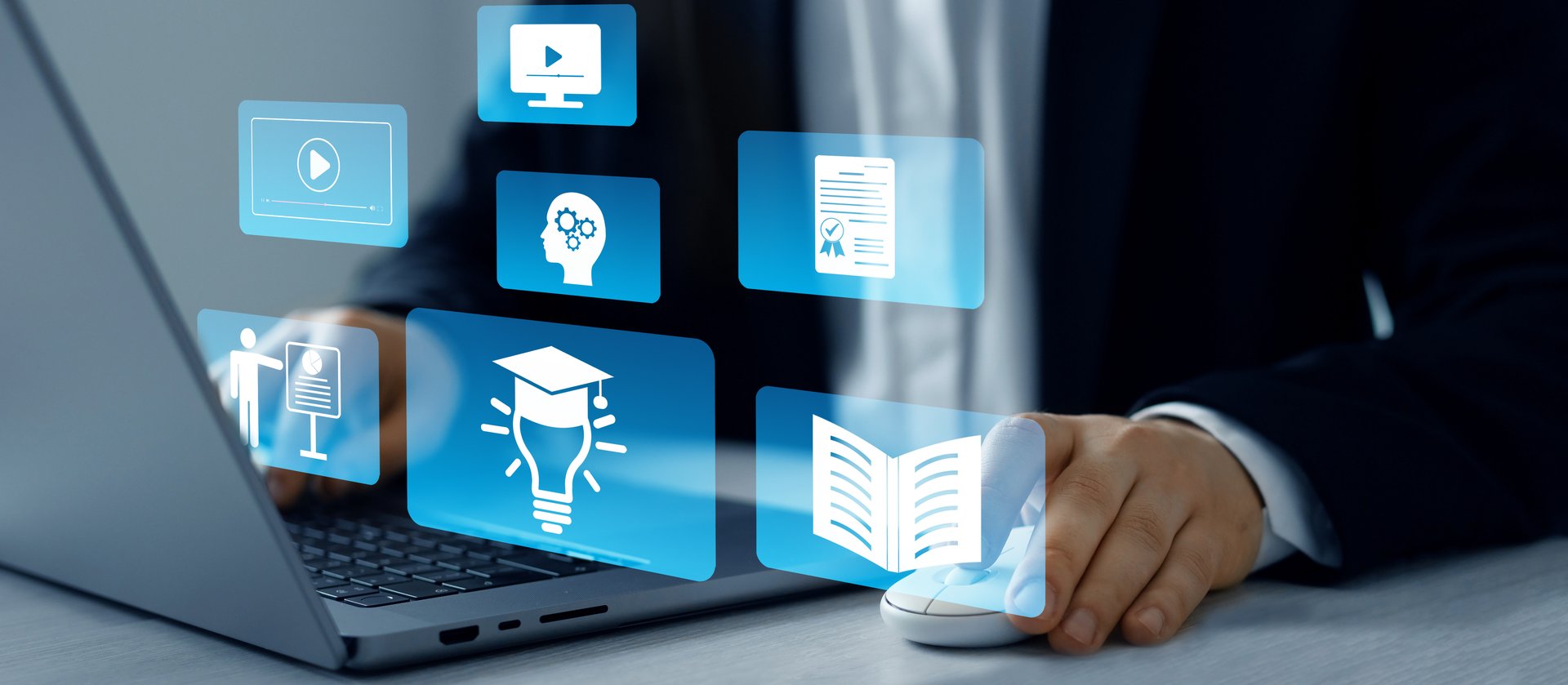 Business person who attends online lessons on a digital technology screen.E-learning education.Digital internet lessons and online webinar on virtual screen. Education internet Technology