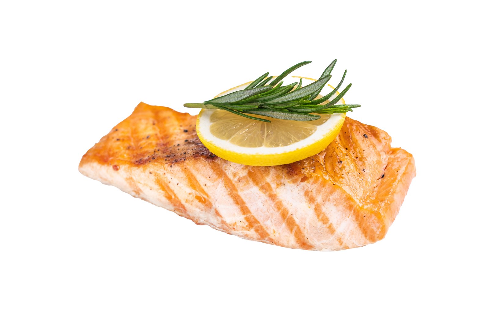Grilled salmon fillet steak, roast fish isolated on white background. top view.