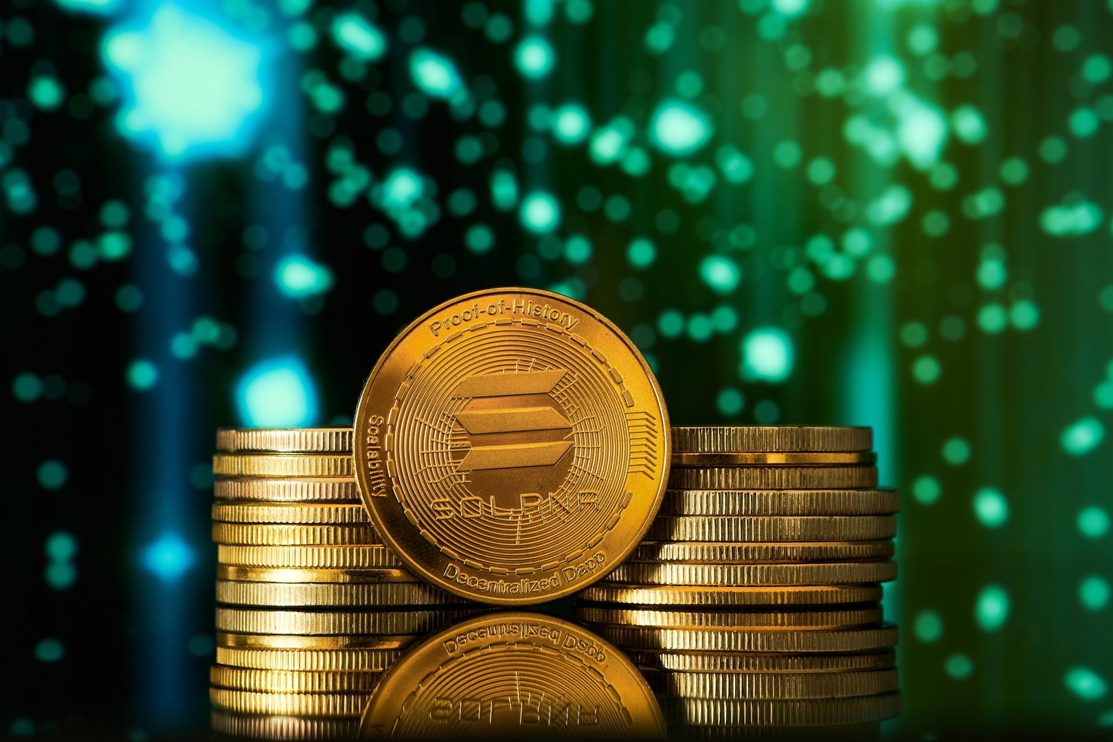 Golden solana cryptocurrencies are stacked in the foreground on a colorful and bright digital background.