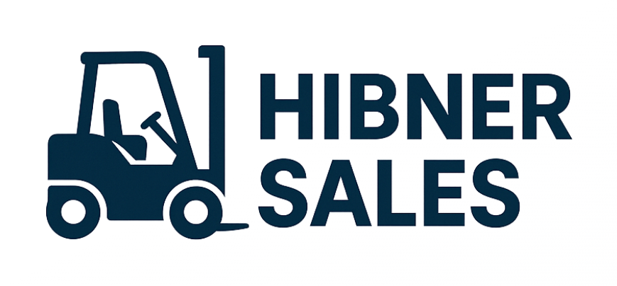 Logo featuring a silhouette of a forklift next to the text Hibner Sales in bold, blue lettering.