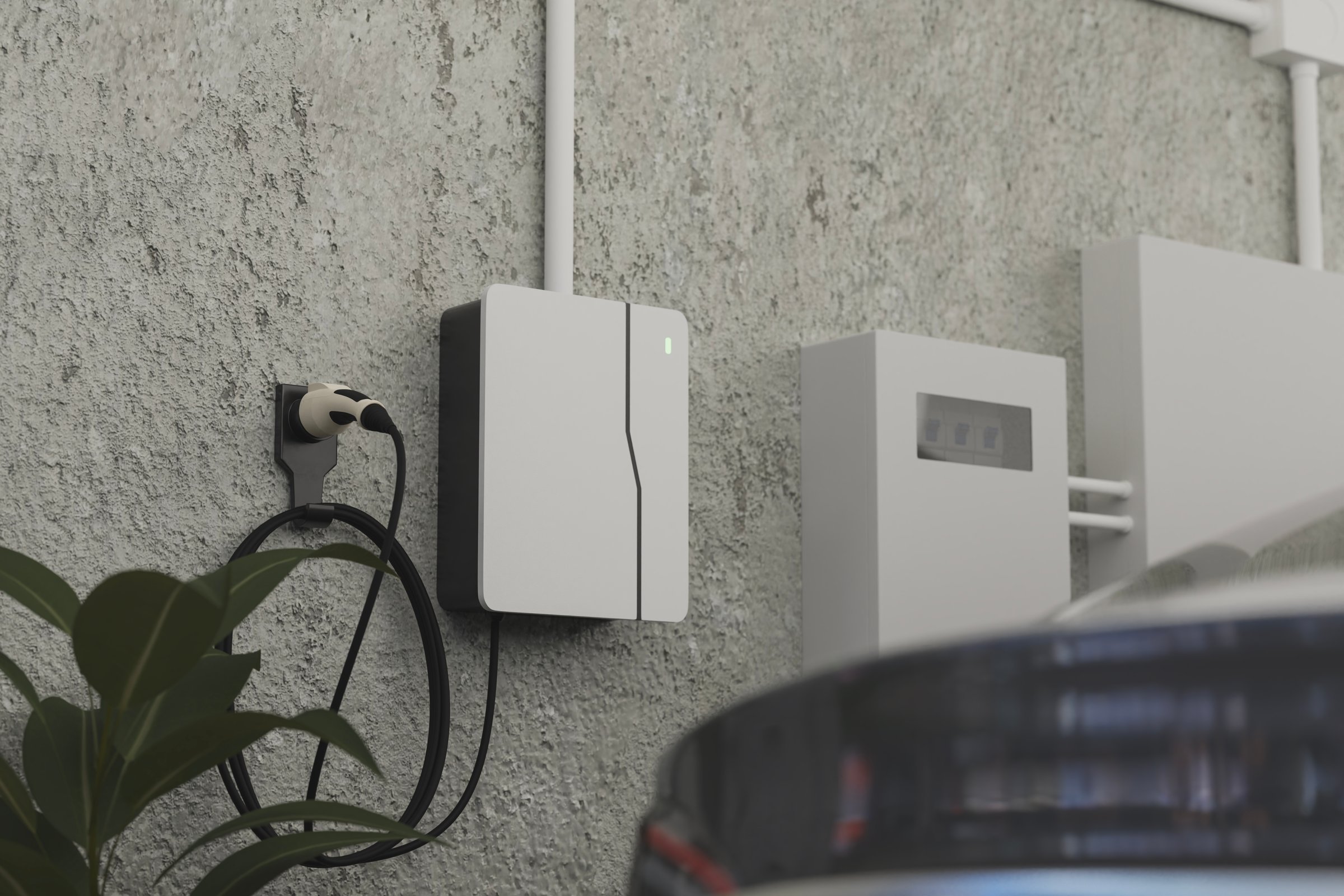 Ev charger station in the garage at home