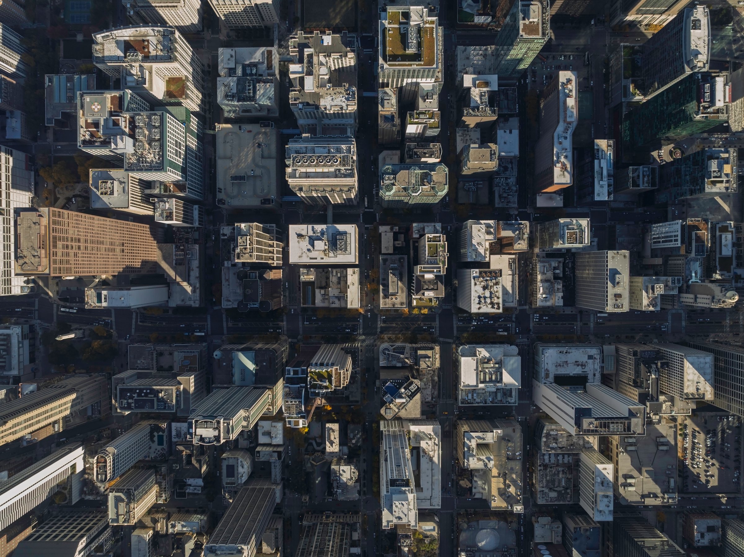 Top down aerial view of Chicago downtown buildings, city urban grid with streets and skyscrapers