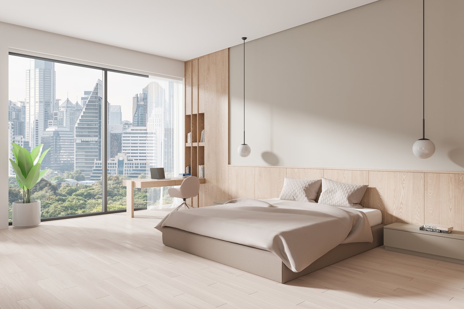 Corner view of home bedroom interior bed and work desk with chair and laptop, hardwood floor. Modern sleep room with wooden shelf. Panoramic window on skyscrapers. 3D rendering