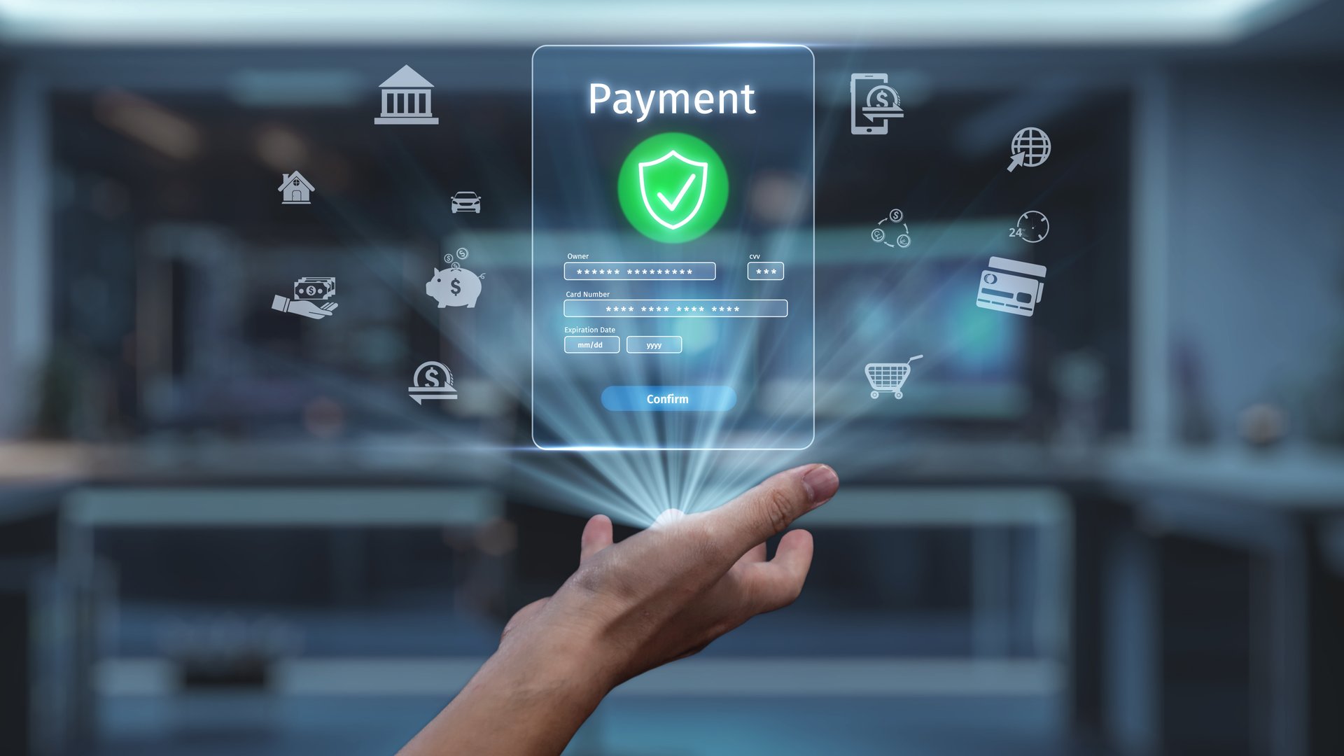 A hand interacts with a virtual screen displaying secure payment processing graphics, symbolizing the future of online transactions, security, and convenience in financial services. Auvana