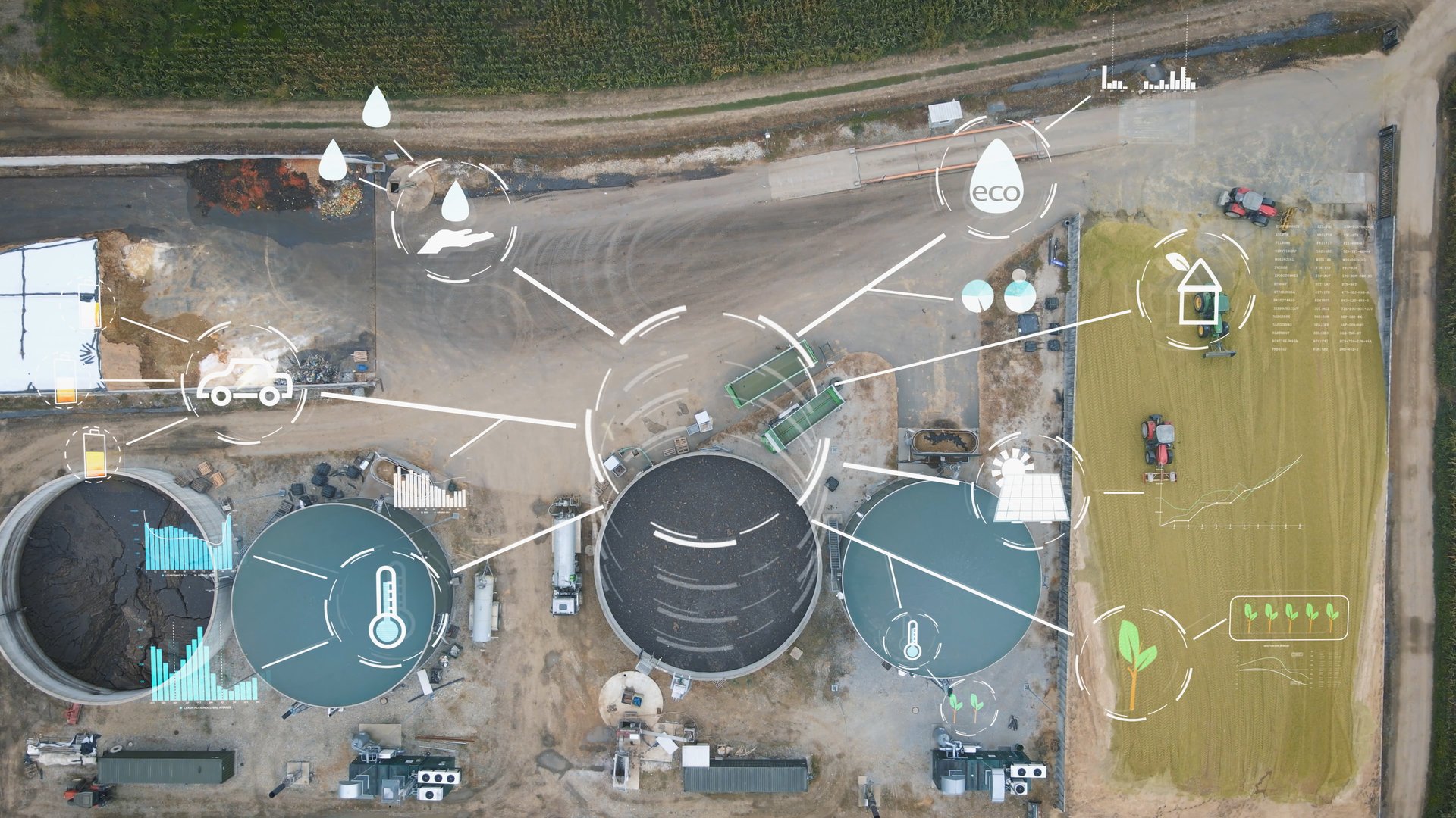 Aerial view of biogas plant farm. Renewable sustainable green energy from biomass, graphics and statistic show the sustainability of the municipal waste project