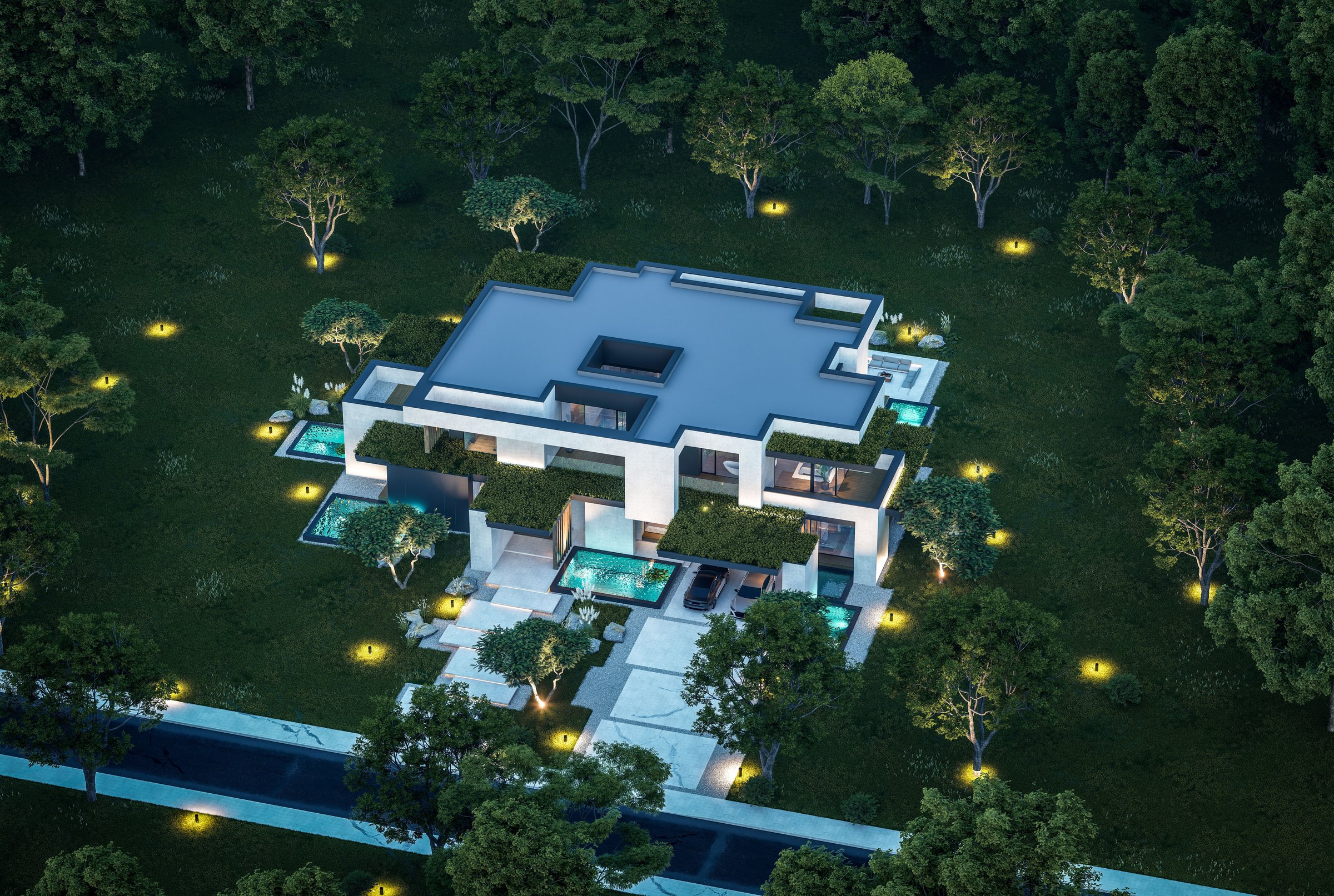 3d rendering of two-story house with parking and pool for sale or rent with concrete facade and beautiful landscaping. Clear summer night with many stars on the sky