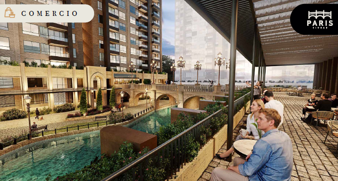 Outdoor seating area beside a canal with a Paris-themed building and people relaxing.