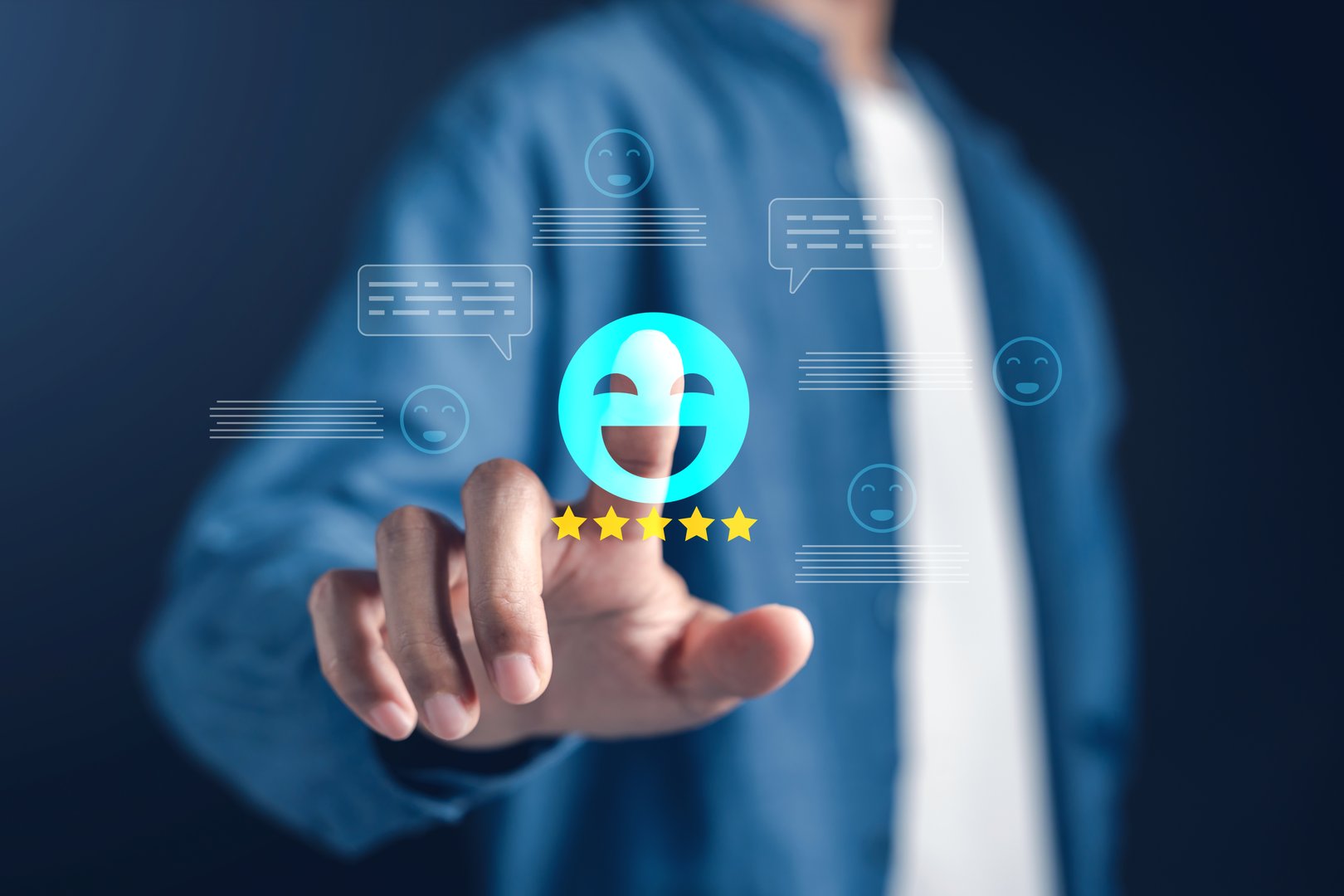 Customer experience and positive feedback with user give five-star rating and happy emoji icon, review, satisfaction, testimonial, service quality, and digital engagement.