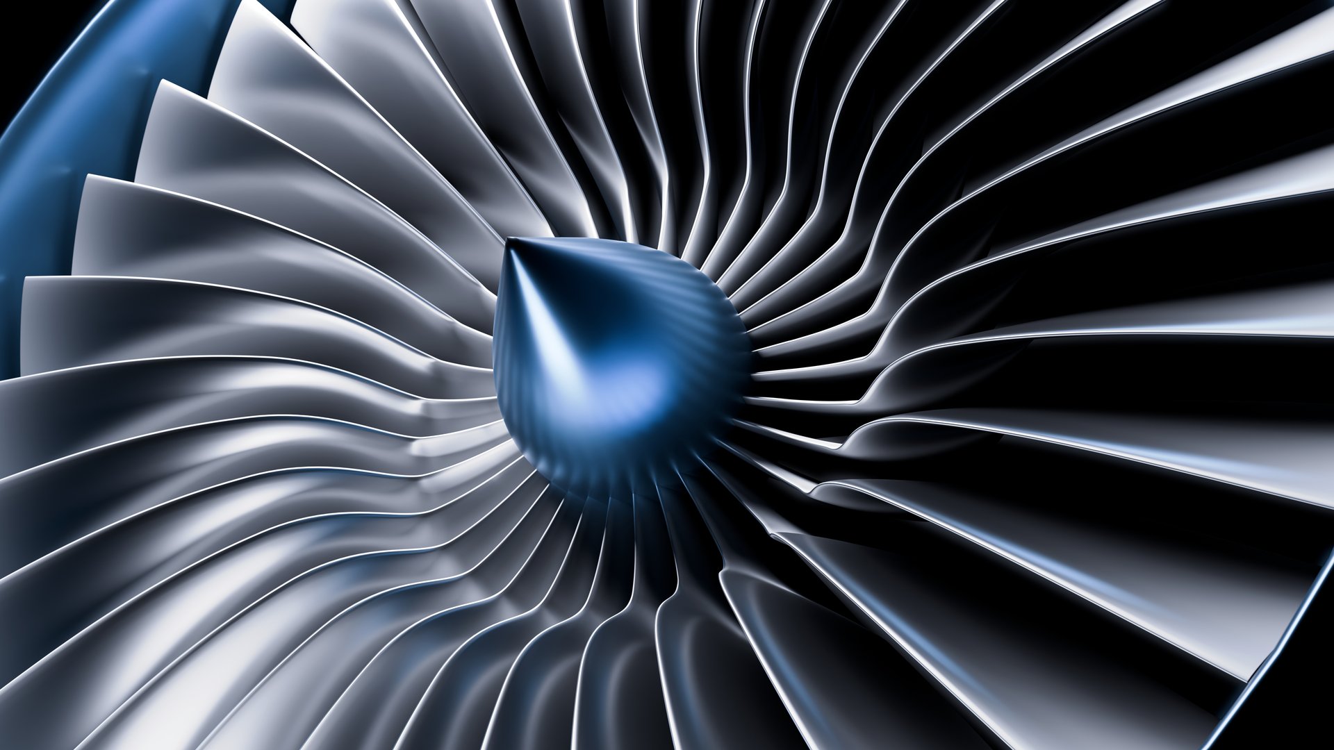 3d rendering of an up close view of the input fan on a turbine propeller.