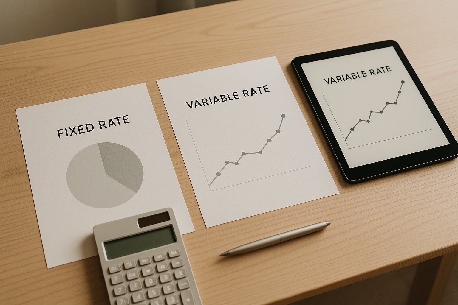 Comparison of fixed vs variable mortgage rates in Canada with charts and financial documents on a desk